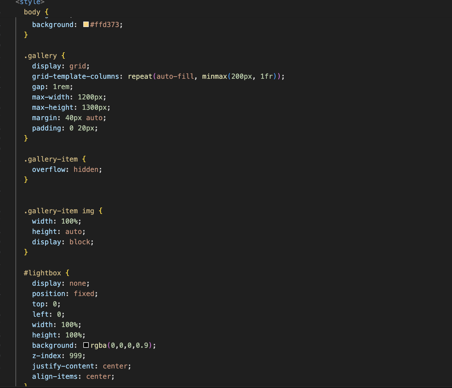 This is the CSS I have added to the weekly page HTML. Firstly, the margin removes the border and changes the background colour. Secondly, in addition to the elements in the template, I’ve added constraints to keep the images within the designated area and prevent them from extending beyond the screen. The margin and padding ensure the grid is positioned towards the centre on all four sides. With a top and bottom margin of 40px and automatic horizontal centring, the gallery is centred horizontally on the page. At the same time, set the inner margins on both sides to 20px, so that the gallery content does not tightly adhere to the screen edges, especially when the screen is narrow, leaving some breathing space. In the gallery-item, the overflow property hides the content that exceeds the border. In the img section, setting width: 100% fills the item completely, ensuring that the width of each image is the same. At the same time, to maintain the aspect ratio, the height is set to be automatically adjusted. Using display: block ensures that the image fits exactly within this box. The display property of the lightbox section being set to none is to hide it temporarily and then show it again after inserting JavaScript. The position is set to fixed, meaning it remains in the same position and will not be moved. The background is semi-transparent. The z-index value of 999 is used to ensure that the pop-up window appears at the top of the layers.