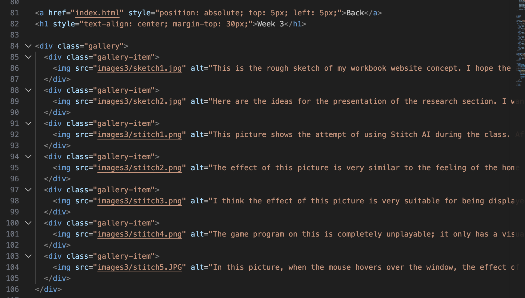 The div class is used to arrange all my images according to the specifications in the CSS. Each image is placed in a separate card. The text after alt is the description of the image. When the image is enlarged, JavaScript reads this text and displays it beside the image.