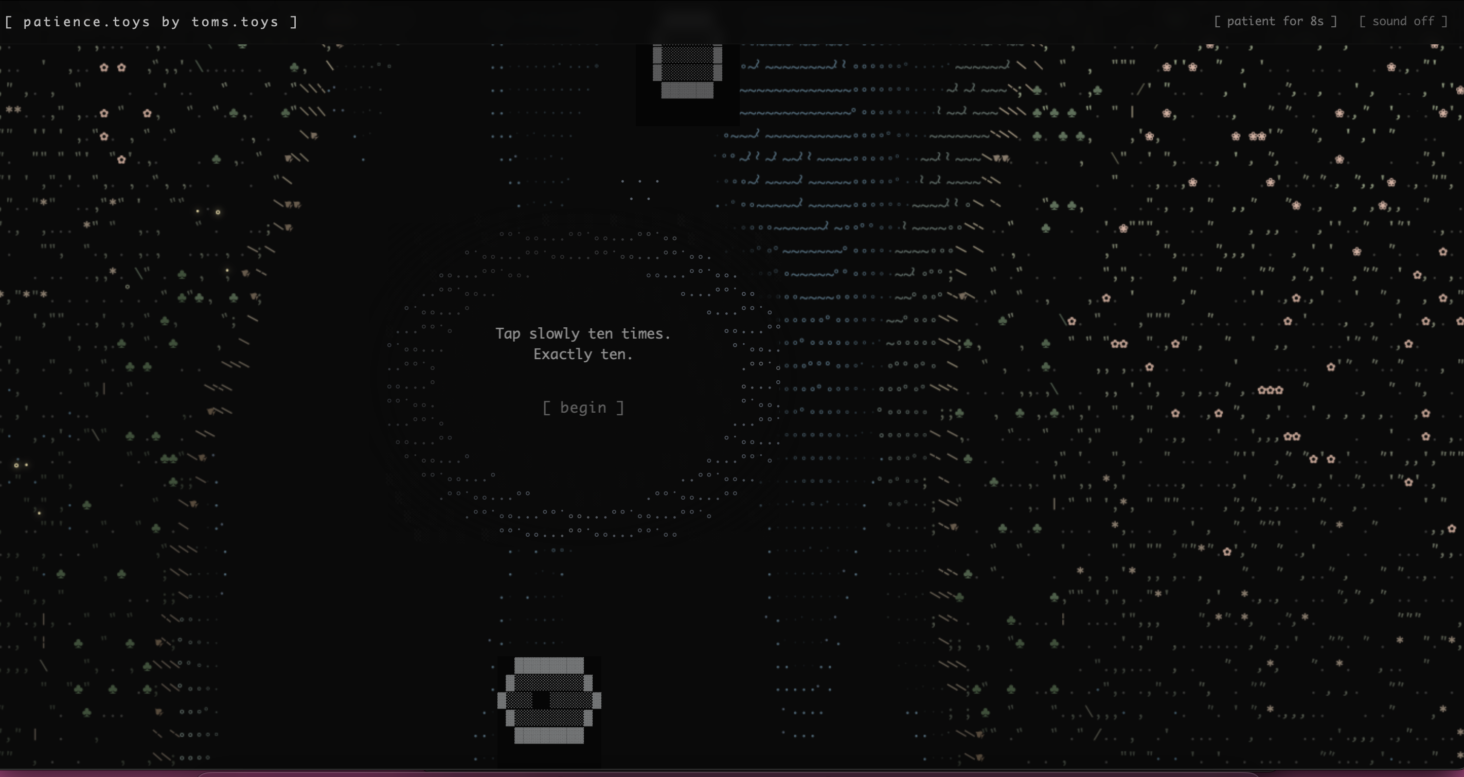 This is a conceptual webpage with a pixel-style overall design. It is decorated with ASCII lines, providing an immersive experience without any distractions, allowing visitors to fully focus on the text itself, creating a meditative atmosphere. The core keywords are about patience and river. Users mentally count the numbers while playing a game, and it has a strong narrative quality. Combined with the music provided by the website, it feels like entering a story.