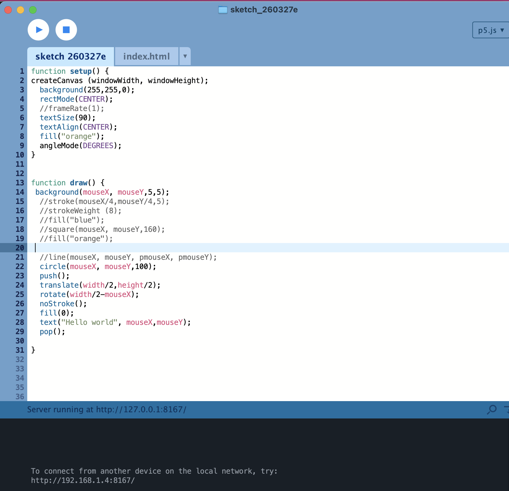 The core logic of p5.js is that the setup() function runs only once to initialise the canvas, while the draw() function is executed continuously in each frame. Therefore, by placing the changing content within the draw() function, animation effects can be achieved. mouseX and mouseY are built-in variables in p5.js that record the mouse coordinates in real time. By passing them into the colour or position parameters, the image will move along with the mouse.